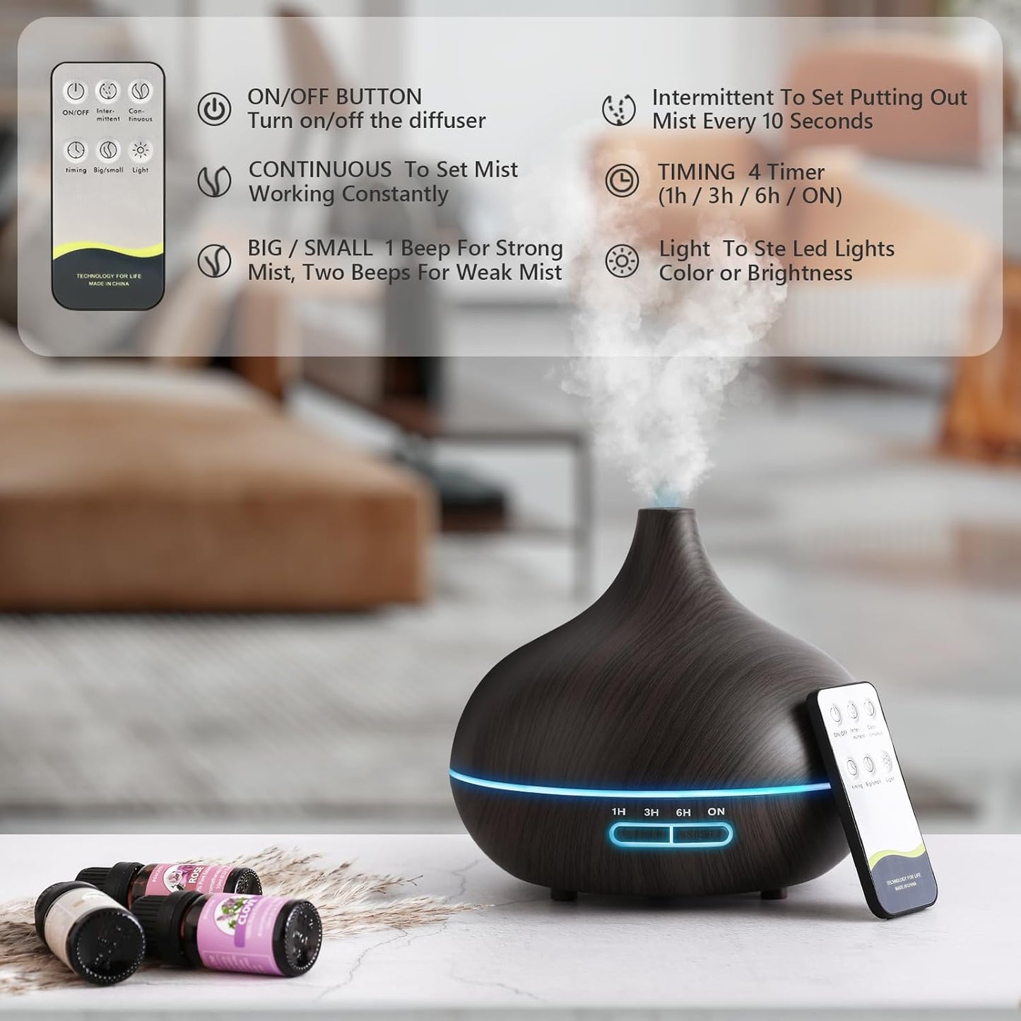 SACATR 550ml Oil Diffuser with 30x5 mL Essential Oils, Ultrasonic Technology, Remote Control for Home Office