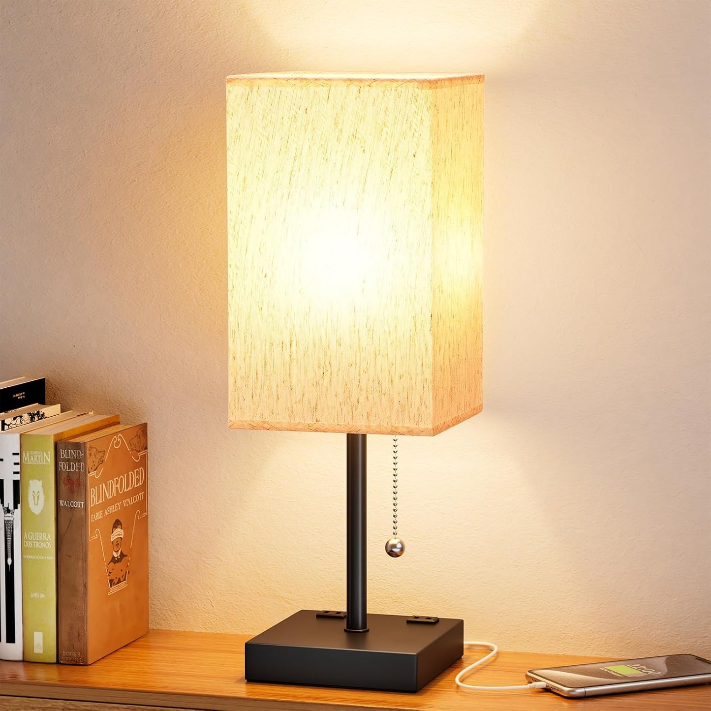 aooshine Small Table Lamp for Bedroom - Bedside Lamps for Nightstand, Minimalist Night Stand Light Lamp with Square Fabric Shade, Desk Reading Lamp for Kids Room Living Room Office Dorm