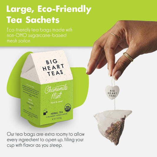 Big Heart Tea Co. Tea Bags - Chamomile Mint - Certified Organic, Calming Herbal Decaf Tea in Zero Plastic Sachets with Small Batch Ground Herbs - Spearmint and Lemongrass, 20 Tea Bags