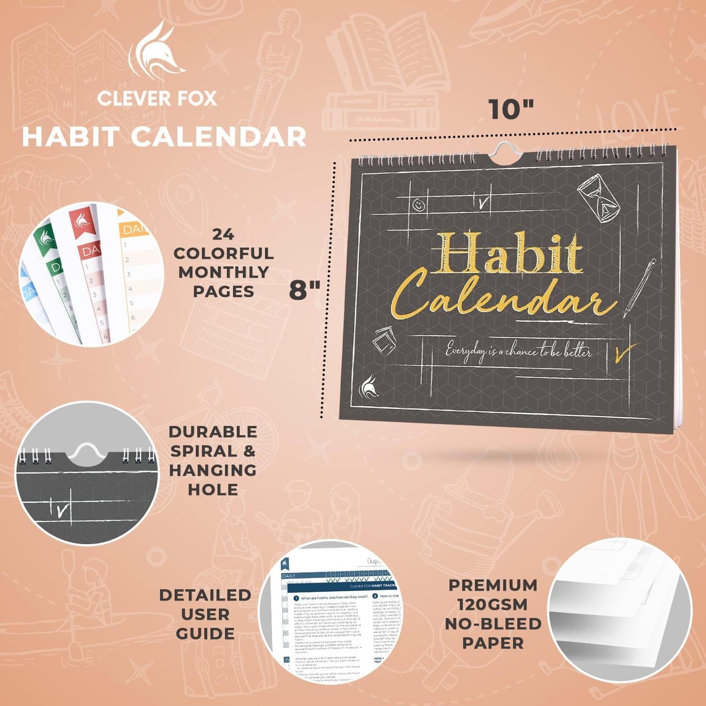 Clever Fox Habit Tracker Calendar, 24-Month Daily Goal Journal Green