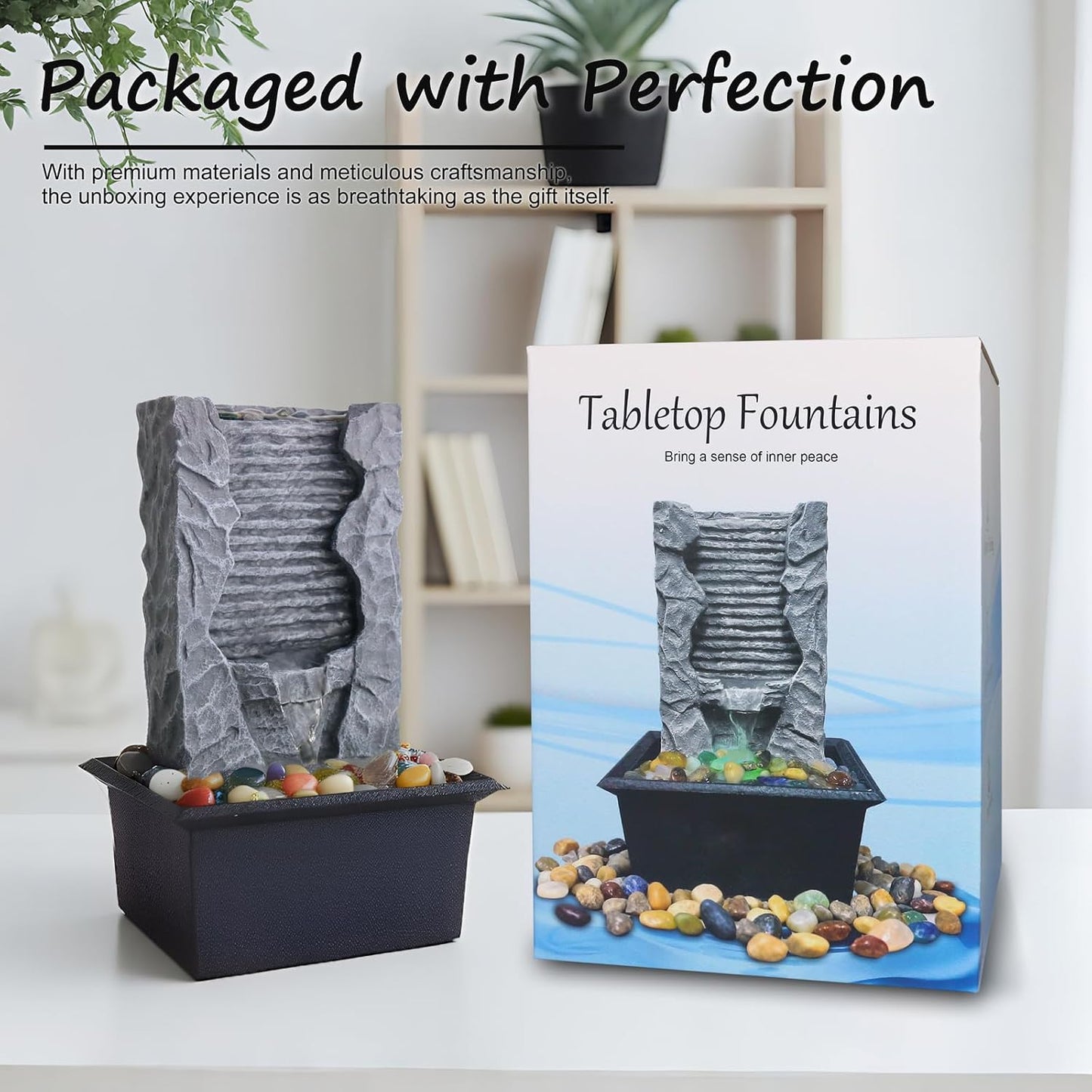 Tabletop Water Fountain Indoor, Resin Waterfall Fountain for Stress Relief and Meditation, Calming Office Desk Home Décor, Zen Relaxation Gift for Friend Office Boss, Excellent Housewarming Gift