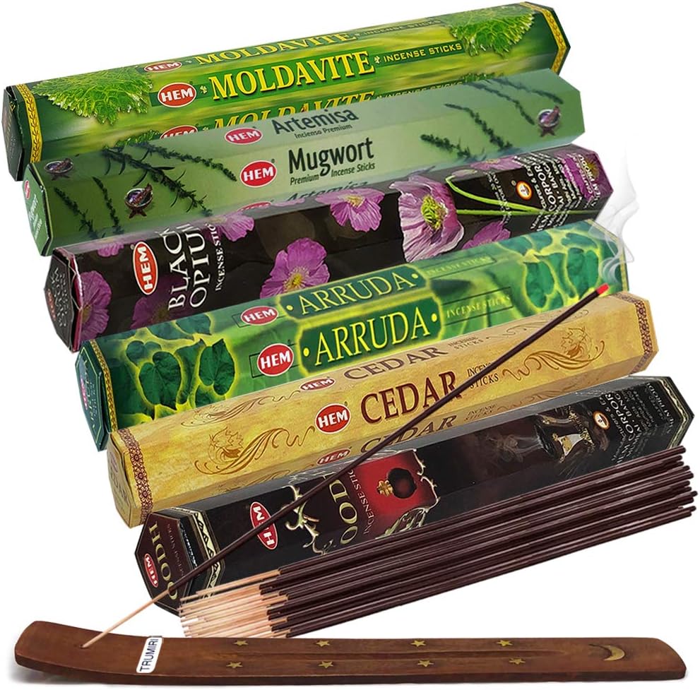 Hem Incense Sticks Variety Pack #23-120 Insence-Sticks (6 Incents x 20 Insense) + Incense Stick Holder with 6 Most Liked Scents Including Patchouli Dragons Blood White Sage Frankincense-Myrrh