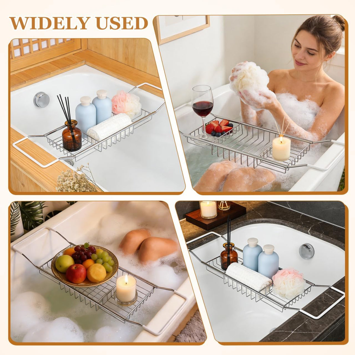 Cabilock Luxury Stainless Steel Bathtub Caddy Tray - 24.8in Expandable Modern Bath Rack for Tub with Wine Glass & Book Holder - Rustproof Shower Organizer & Tablet Stand for Home Spa, Gold