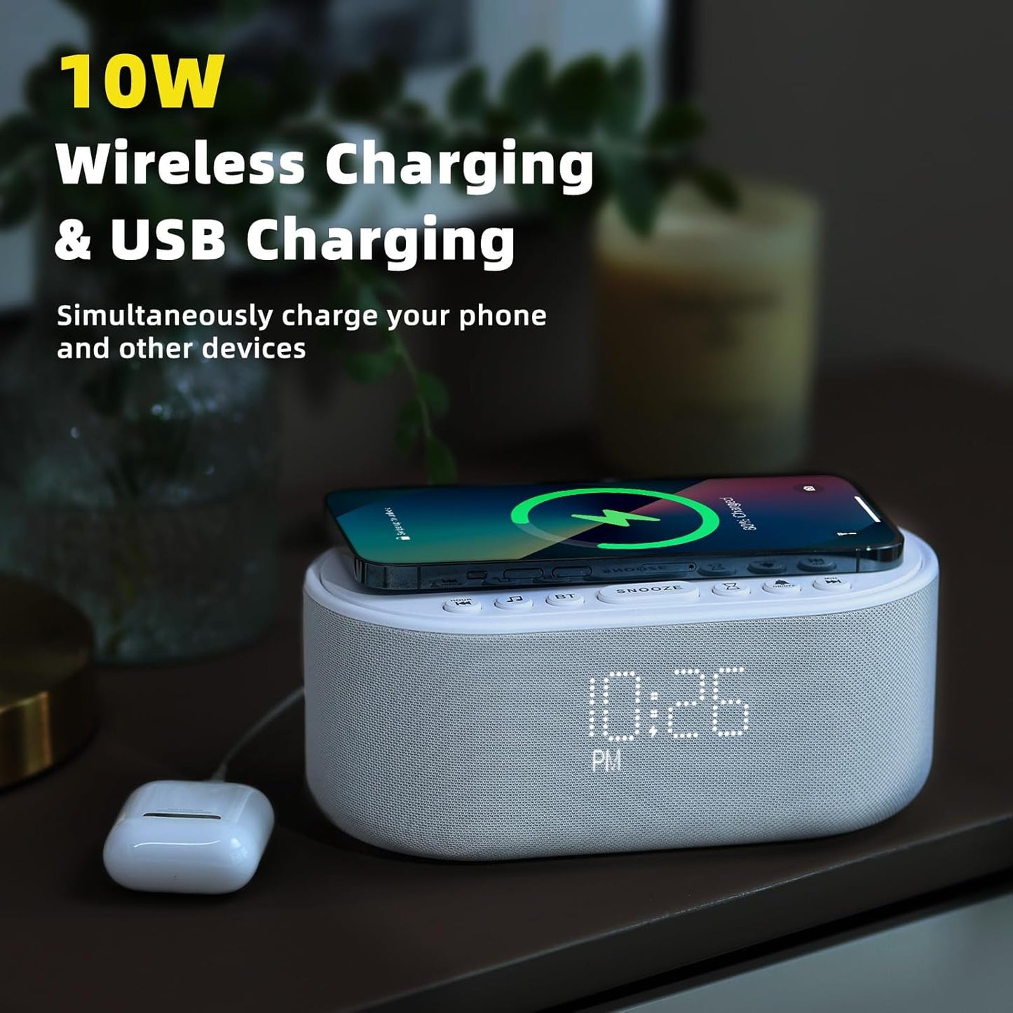 Sound Machine Alarm Clock for Bedrooms: Bluetooth 10W Stereo Sound Speaker with Wireless Charging - White Noise Machine for Sleeping with 21 Soothing Sounds - Putty