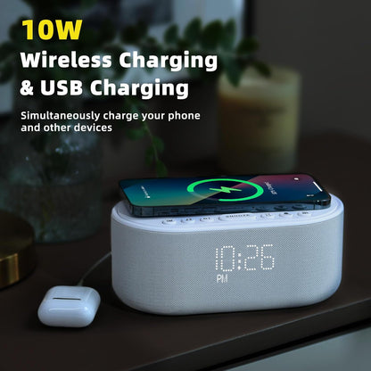Sound Machine Alarm Clock for Bedrooms: Bluetooth 10W Stereo Sound Speaker with Wireless Charging - White Noise Machine for Sleeping with 21 Soothing Sounds - Putty