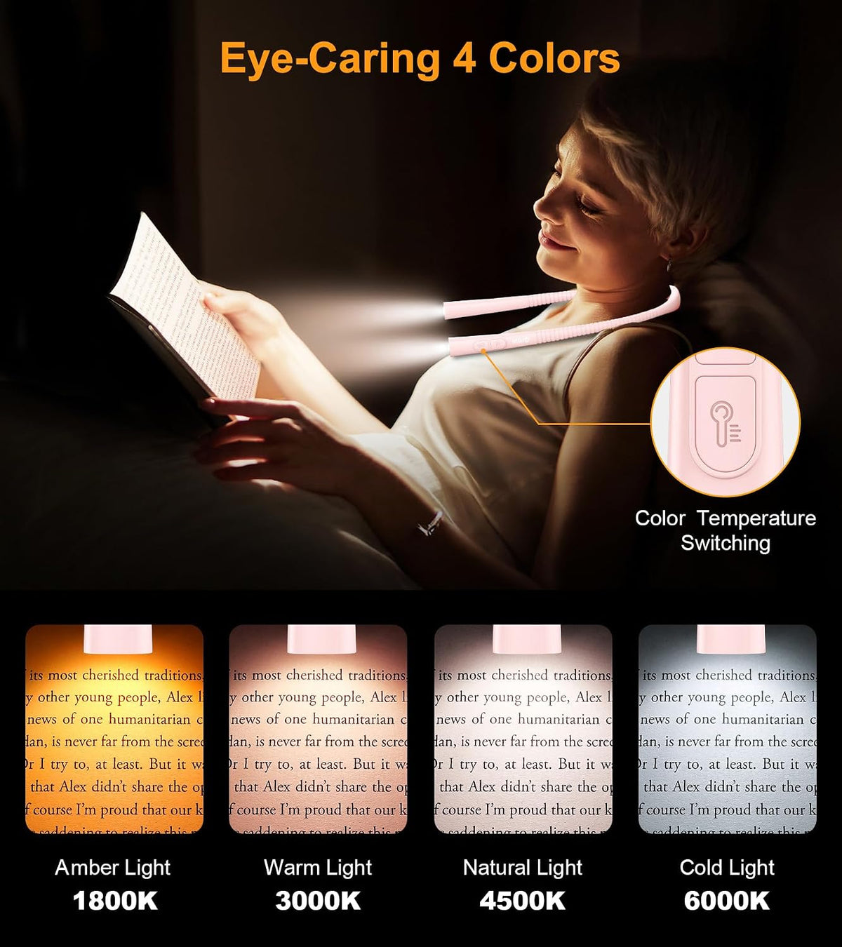Gritin Book Light,Eye Caring 3 Colors & Stepless Dimming Neck Reading Light