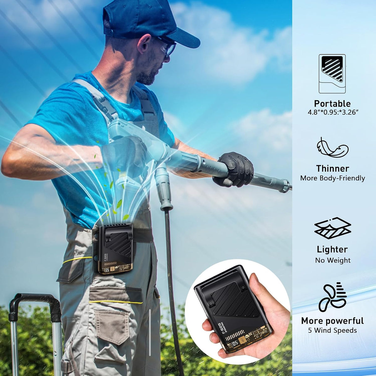 2026 Portable Waist Fan, Clip-On Personal Cooling Fan, LED Display, 10000RPM, 5 Speed, 40H Runtime, Rechargeable Under Shirt/Handheld/Neck Strap Fans for Outdoor, Travel, Hiking, Black