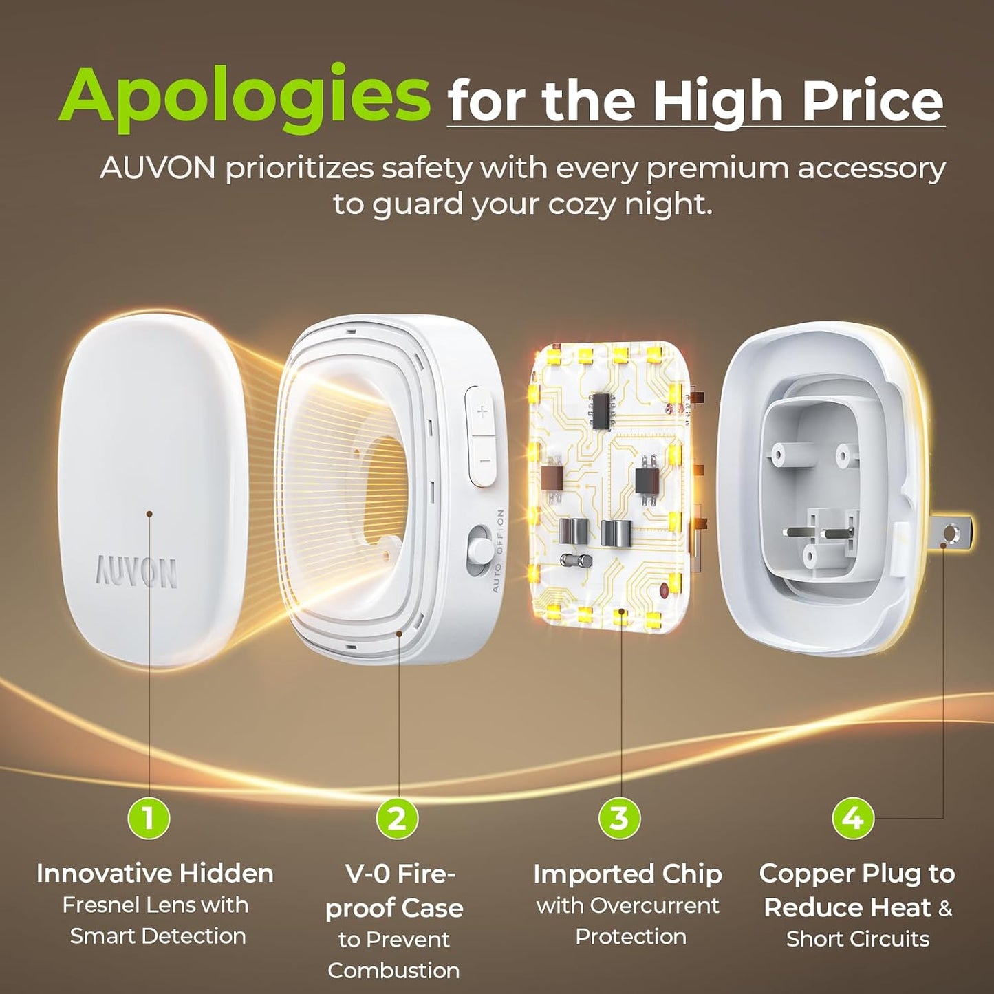 AUVON 4 X Plug-in LED Backlit Night Light with Motion & Dusk to Dawn Sensor | 2200K Soft Warm White Nightlight with 1-50lm Dimmable Brightness for Adults & Kids' Bedroom, Bathroom, Hallway