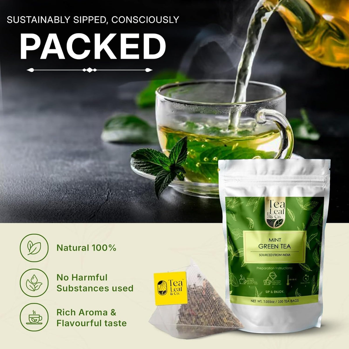Mint Green Tea (200 gm / 7 oz), Natural Herbal Infusion, 100 Tea Bags