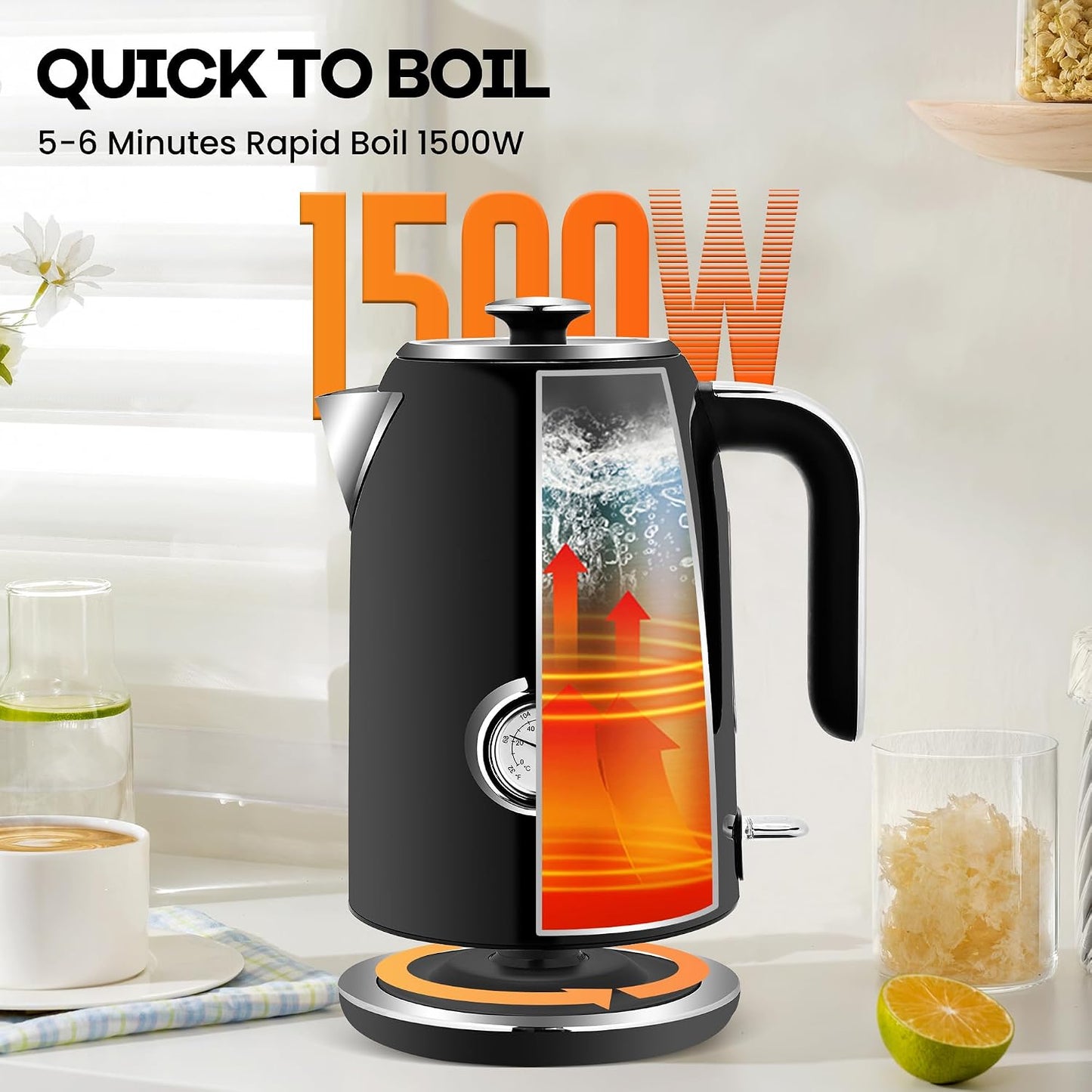 Pukomc Electric Kettle,1.7L Stainless Steel Electric tea kettle with Temperature Gauge, Fast Boiling, Auto Shut - off, BPA - Free, Boil - Dry Protection, (Retro Green)
