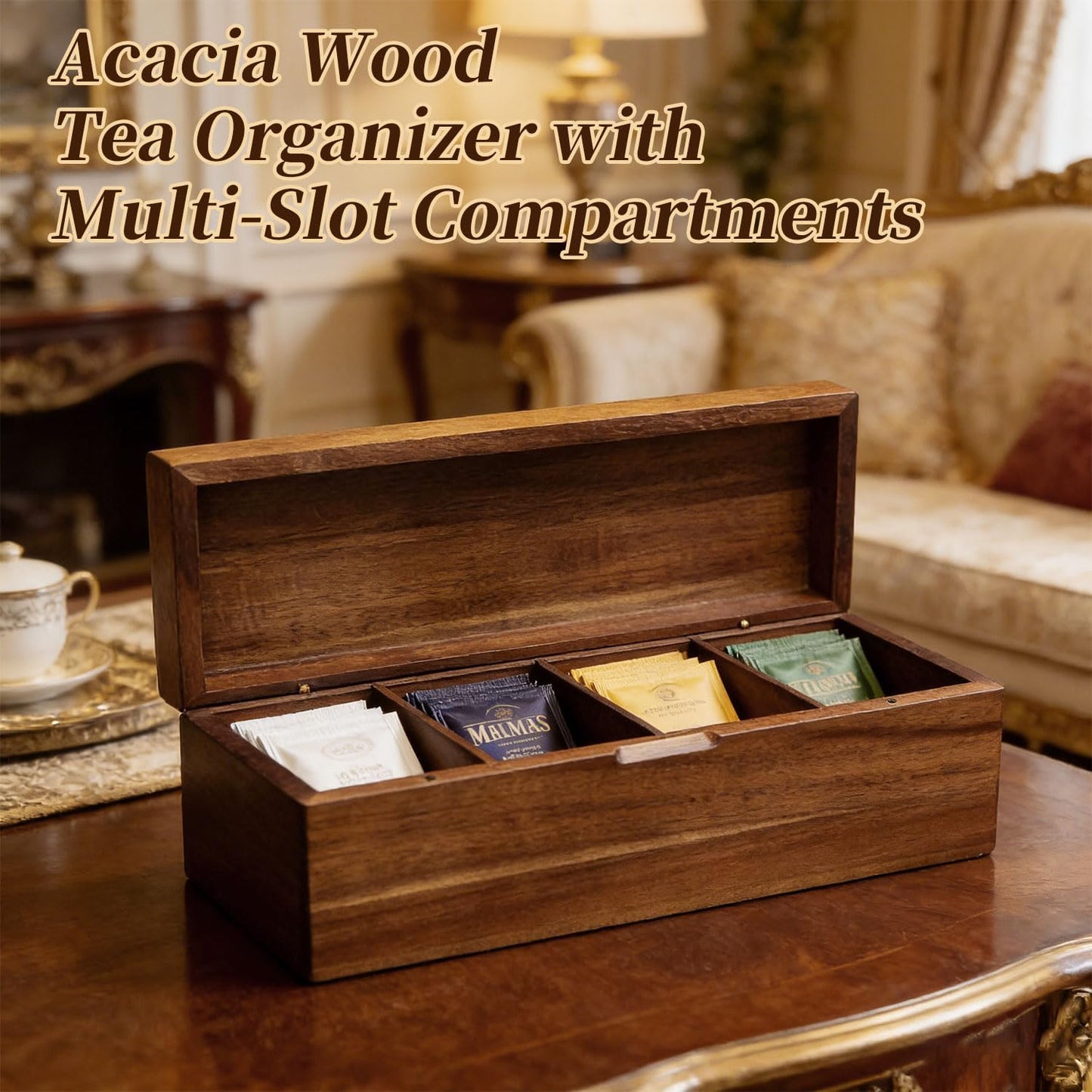 Acacia Wood Tea Bag Organizer with Compartments, Tea packet Storage Boxes & Display Caddy, Multi-Slot Teabag Holder Container Chest for Countertop, Organizador de Té