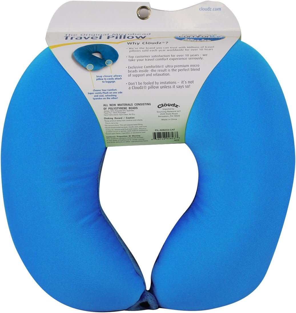 Cloudz Dual Comfort Microbead Airplane Travel Neck Pillow. Super Soft Cozy Plush Fabric on One Side, Cool Relaxing Spandex on The Other! Customize Your Comfort and Support at Home or On The Go!- Blue