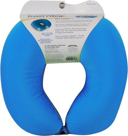Cloudz Dual Comfort Microbead Airplane Travel Neck Pillow. Super Soft Cozy Plush Fabric on One Side, Cool Relaxing Spandex on The Other! Customize Your Comfort and Support at Home or On The Go!- Blue