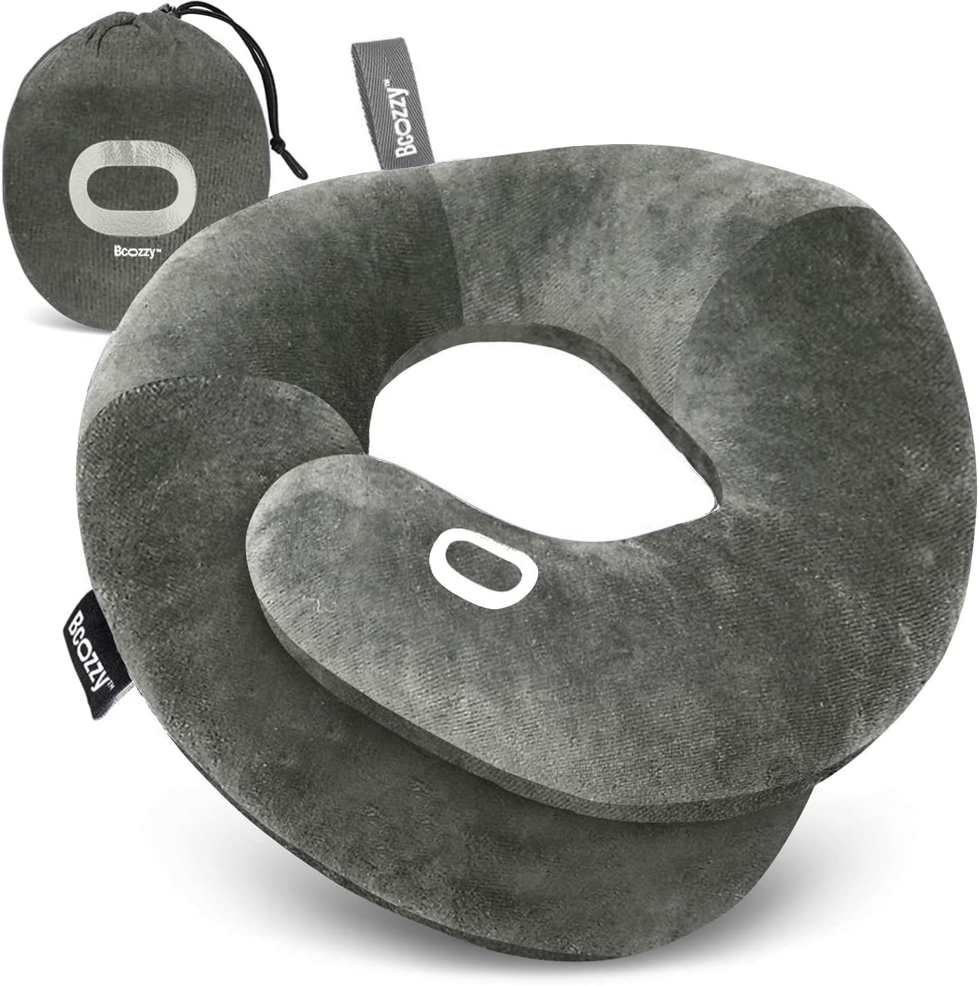 BCOZZY Travel Neck Pillow for Airplane– Patented Double Support for Head, Neck, and Chin. Best for Long Flights, Plane Sleeping, and Car Rides. Adjustable Size. Fully Washable. Carry Bag. Large, Black