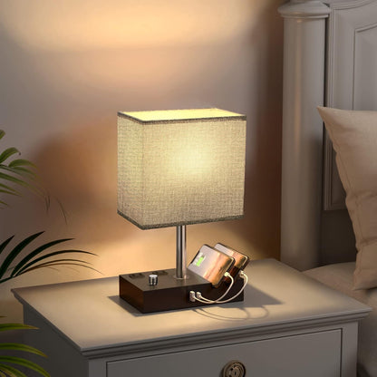 Kakanuo Fully Dimmable Nightstand Lamp for Bedroom with USB C Ports, Grey Small Bedside Table Lamp with Charging Outlets and Phone Stands, Wooden Desk Lamp for Living Room, LED Bulb Included