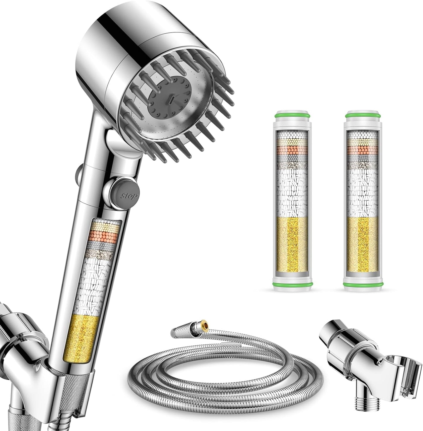 Filtered Shower Head with Handheld with 4PCS Filters, High Pressure 4 Spray Modes Shower heads with Filter, IronDrops Water Softener Filter for Hard Water 70" Hose (Chrome)
