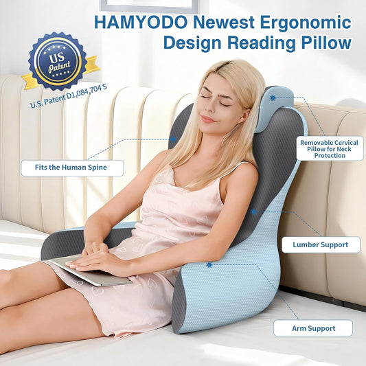 22" XL Reading Pillow Sitting in Bed,Back Support & Armrests(Grey & Blue)