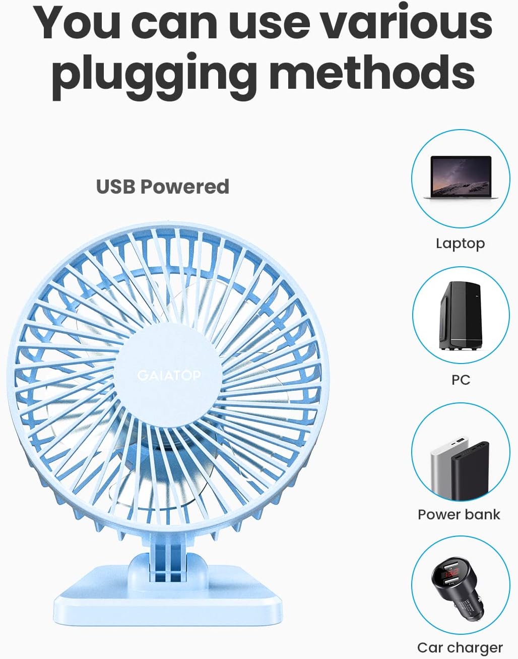 Gaiatop USB Desk Fan, Small But Powerful, Personal Portable Quiet 3 Speeds, Adjustable Mini Table Desktop fan for Cooling Home Office Car Summer Travel Gifts Blue
