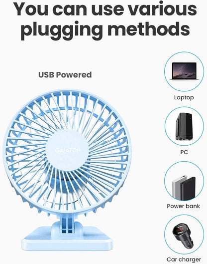Gaiatop USB Desk Fan, Small But Powerful, Personal Portable Quiet 3 Speeds, Adjustable Mini Table Desktop fan for Cooling Home Office Car Summer Travel Gifts Blue
