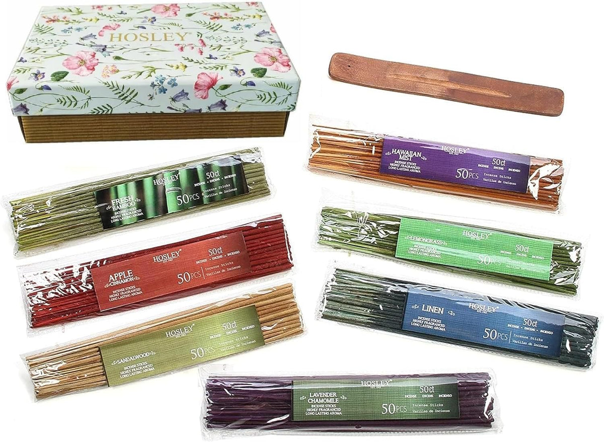 Hosley 320 Assorted Incense Sticks with Holder Eucalyptus, Fresh Bamboo, Lavender, Myrrh, Lavender Chamomile, Vanilla, Citrus, Dragon Blood Idea for Home, Wedding, Spa, Meditation & Aromatherapy