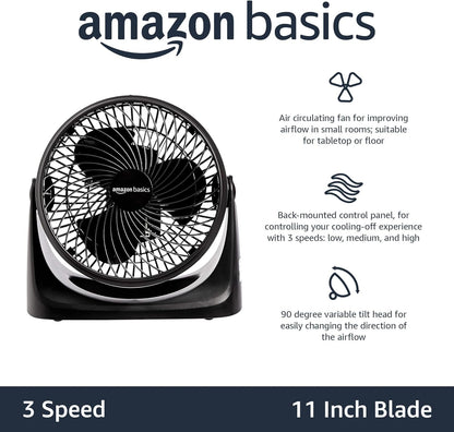 Amazon Basics Air Circulator Desk Fan for Bedroom, Home and Office, 90-Degree Tilt Head, 3 Speed Settings, Cooling, 35 Watts, Black, 11.1"W x 6.3"D x 10.9"H