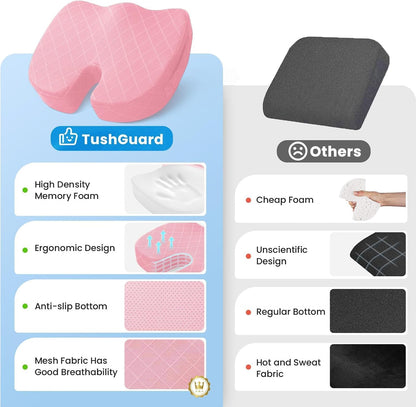 TushGuard Seat Cushion - Memory Foam Sitting Pillow for Office Chair, Car Seat, Airplane, Bleacher - Sciatica & Hip & Coccyx Pain Relief Desk Chair Cushion for Long Sitting Office Workers, Car Drivers