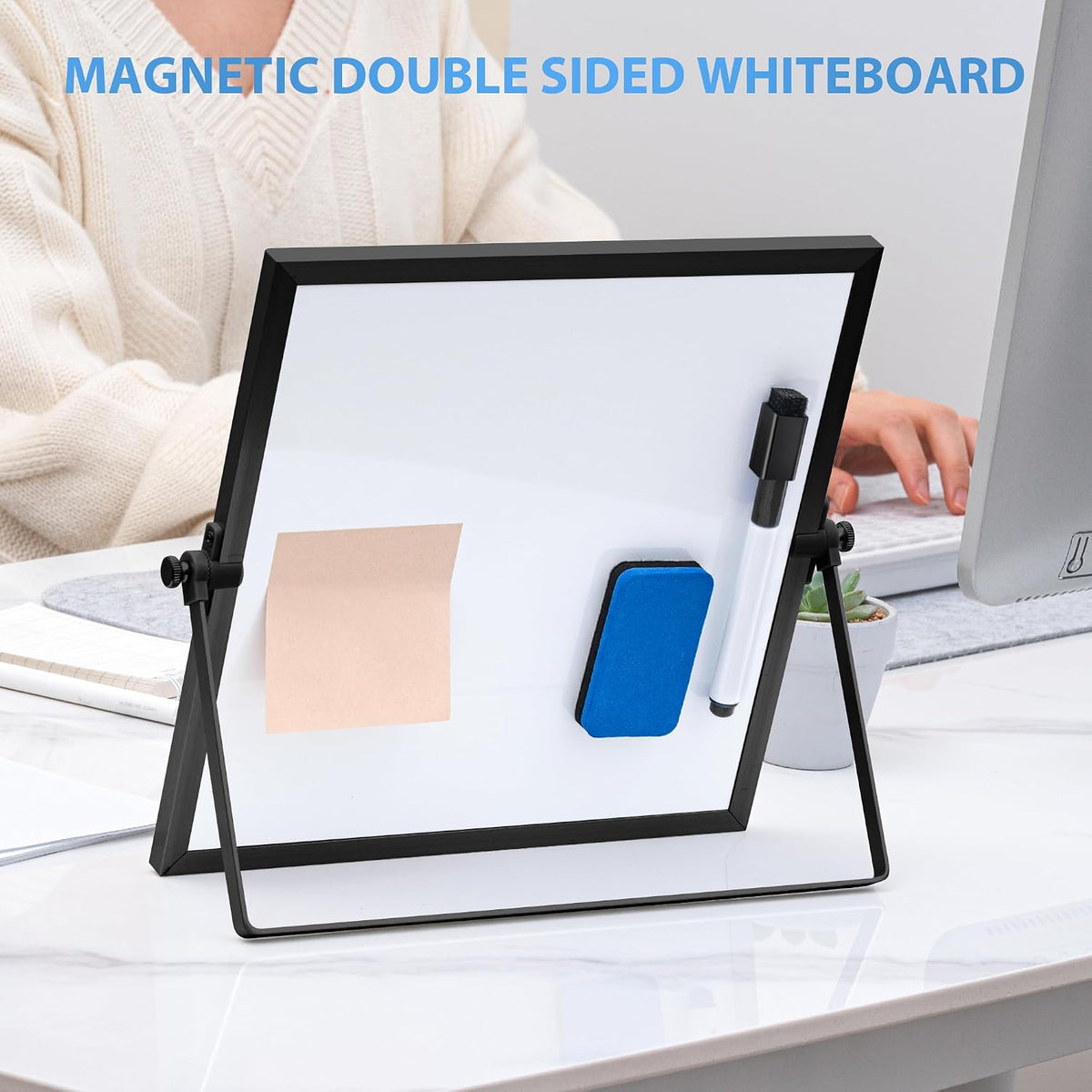 ARCOBIS Dry Erase White Board with Stand, 12" x 16" Weekly Double-Sided Desktop Whiteboard 10 Markers, 4 Magnets, 1 Eraser, Portable Magnetic Dry Erase Calendar for Planning, to Do List, Memo, School