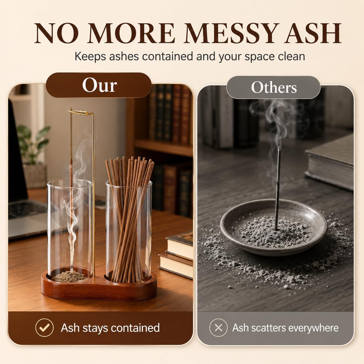 Incense Holder with 2 Tall Glass Bottle,Wooden Base Incense Stick Holder for Desktop,Incense Burner for Ash Collection,Ash Container for Meditation, Yoga, Spa, Home Decor