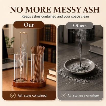 Incense Holder with 2 Tall Glass Bottle,Wooden Base Incense Stick Holder for Desktop,Incense Burner for Ash Collection,Ash Container for Meditation, Yoga, Spa, Home Decor