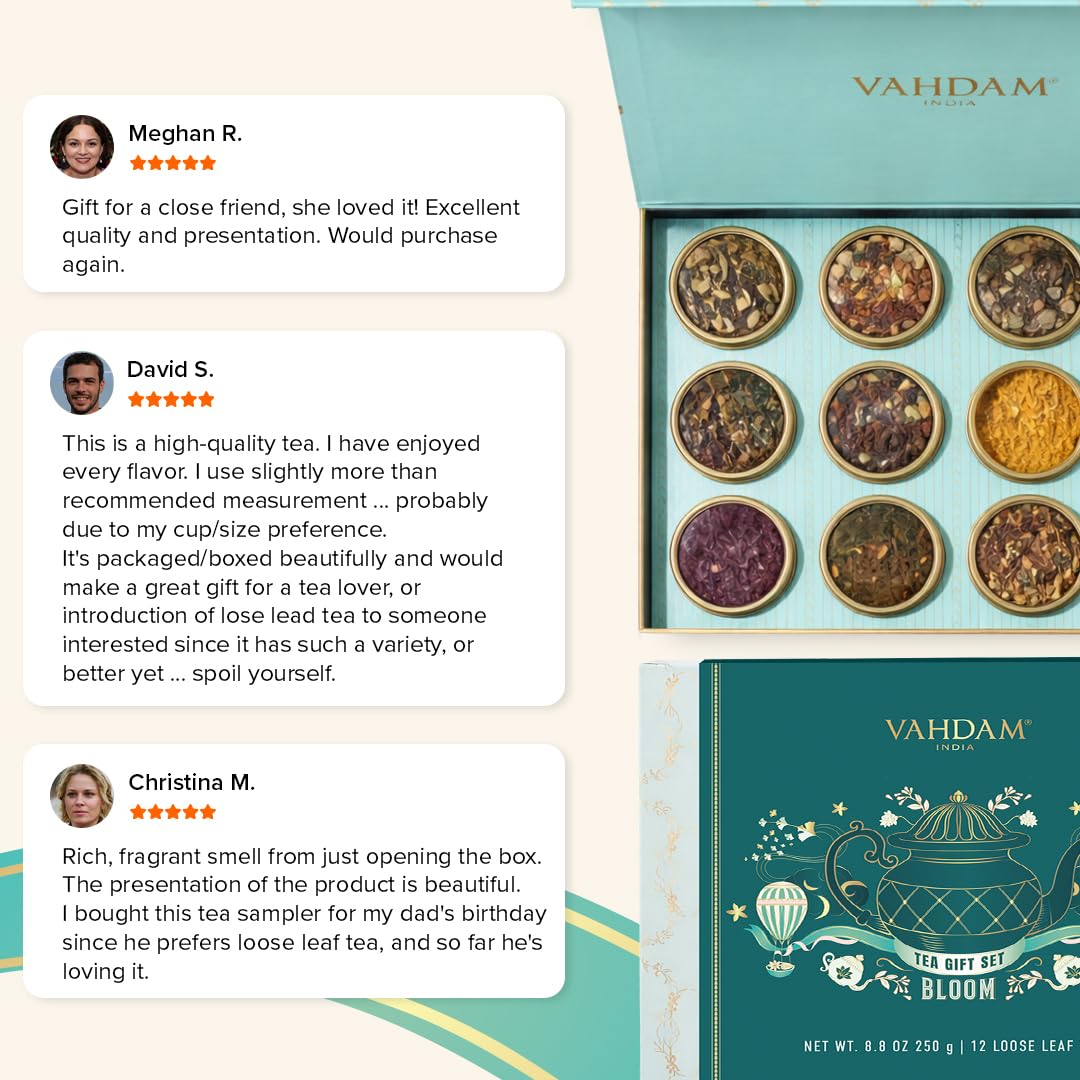 VAHDAM Tea Gift Set - 12 Loose Leaf Teas in Tin Caddy Presentation Box | Premium Tea Sampler Gift Hamper for Women, Men & Tea Lovers | Christmas Gift, Birthday, Housewarming | Gluten Free, Non-GMO