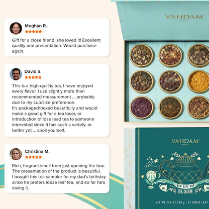 VAHDAM Tea Gift Set - 12 Loose Leaf Teas in Tin Caddy Presentation Box | Premium Tea Sampler Gift Hamper for Women, Men & Tea Lovers | Christmas Gift, Birthday, Housewarming | Gluten Free, Non-GMO