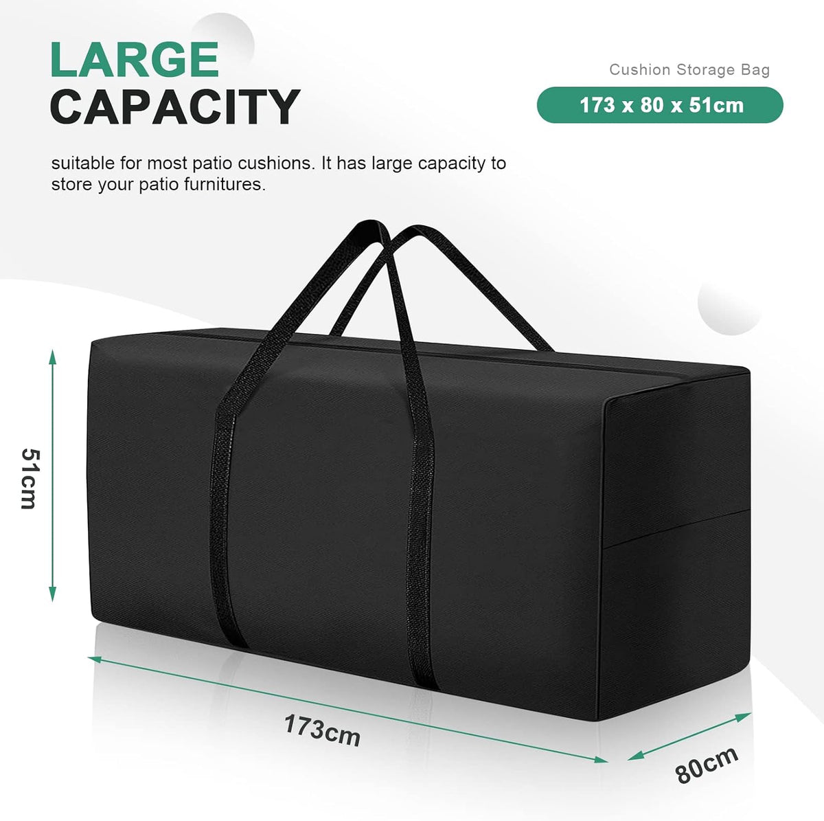 177 Gallon Outdoor Cushion Storage Bag 68 inch Extra Large Patio Furniture Cushion Storage Bag Waterproof Garden Cushion Storage Covers with Zipper and Handles Black (68"L x 30"W x 20"H)