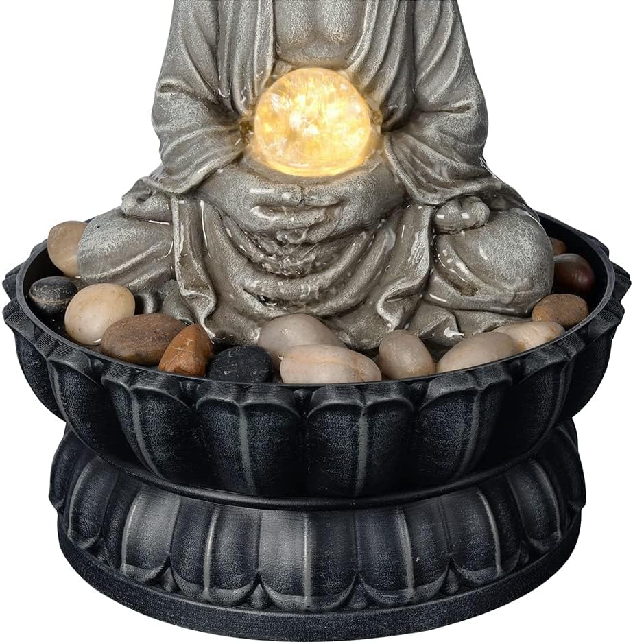 Kalona Indoor Tabletop Water Fountain – 3-Tier Resin Waterfall with LED Lights, Mini Bonsai Planter & Cascading Water Flow – Soothing Desk Fountain for Home, Office, Meditation Decor(22024)