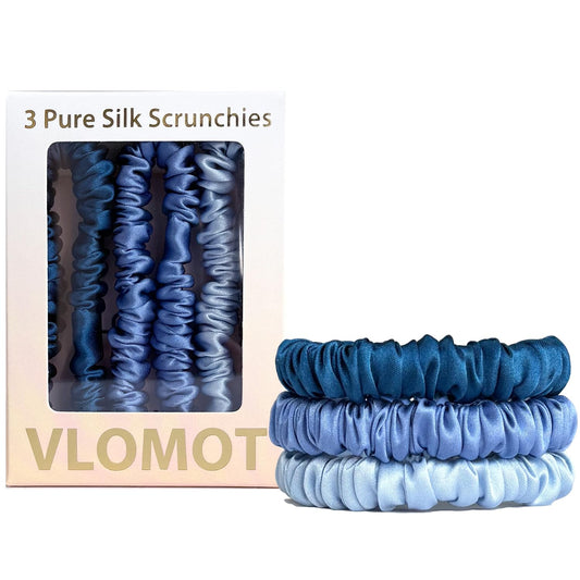VLOMOT 3 Pcs Set 100% Pure Mulberry Silk Hair Scrunchies (Blue)
