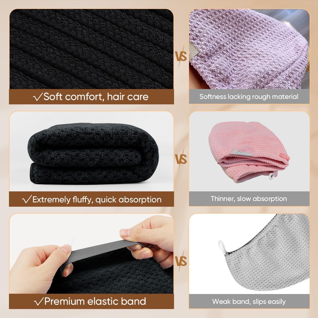 HOMEXCEL 5 Pack Microfiber Hair Towels - 40 x 20 inches Super Soft, Fast Drying Turbans for Long, Thick, Curly Hair - Anti Frizz Wrap with Elastic Strap
