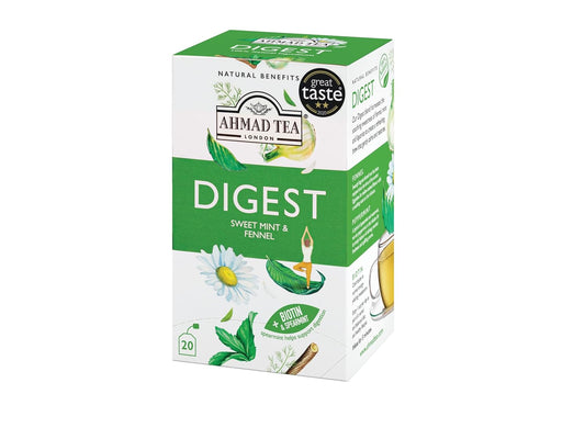 Ahmad Tea Herbal Tea, Sweet Mint, Fennel & Biotin 'Digest' Natural Benefits Teabags, 20 ct (Pack of 1) - Decaffeinated & Sugar-Free