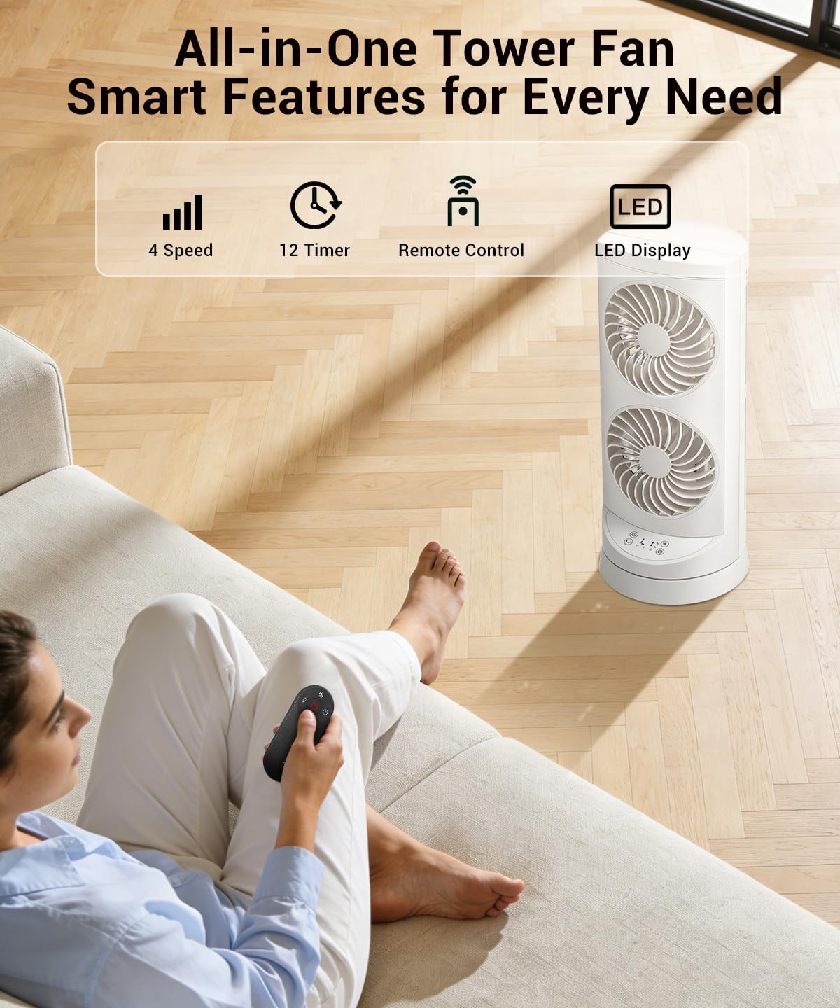 KopBeau Tower Fan for Bedroom, Portable Desk Table Fan with Remote,4 Speeds,12H Timer,60° & 110° Oscillating Electric Fans that Blow Cold Air,Fast Cooling Fan for Home Office Dorm