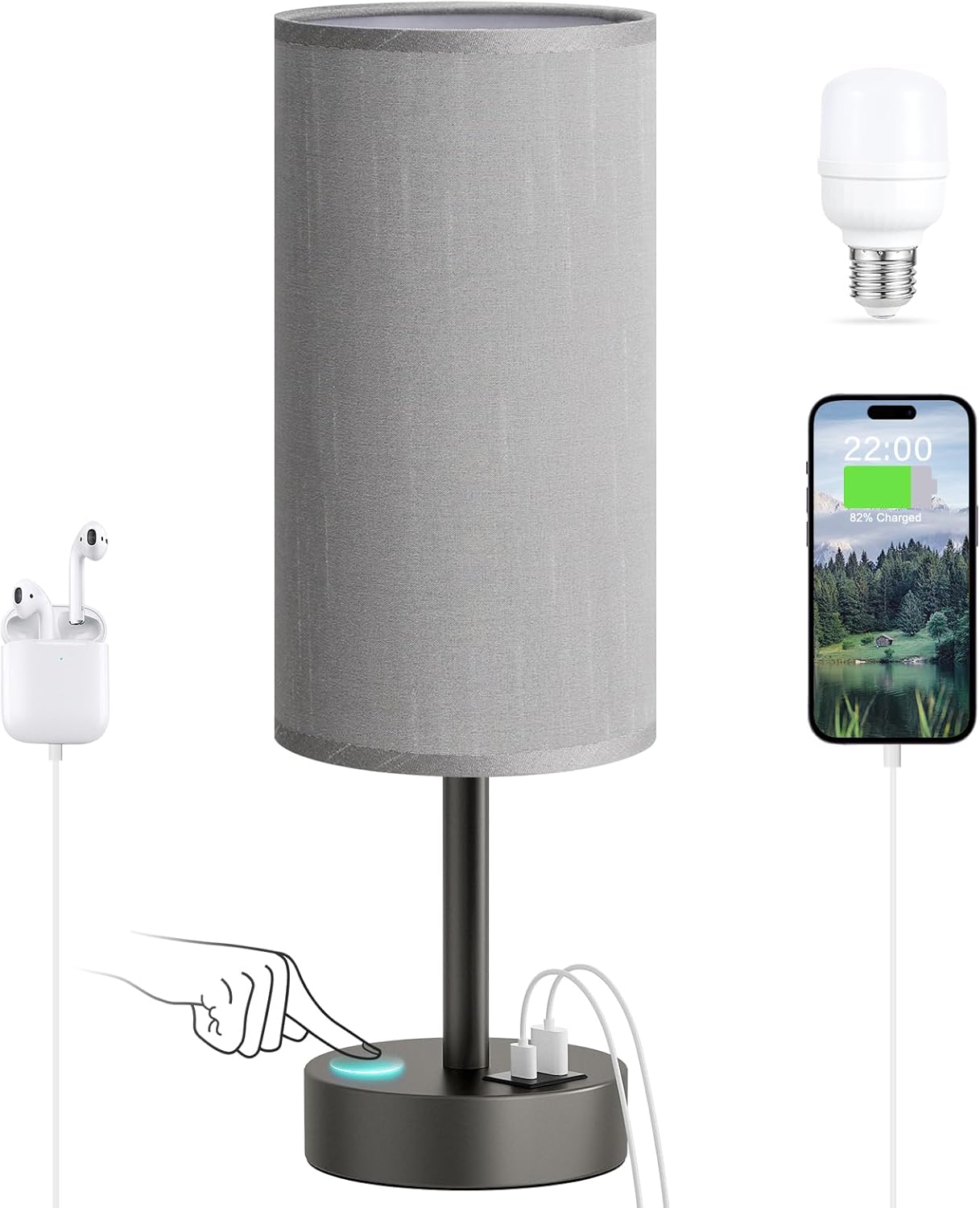Dicoool Touch Bedside Table Lamp with USB - 3 Way Dimmable Wood Lamp for Bedroom Nightstand, Desk Lamp with Charging Station for Dorm, Living Room, Office, Kids Room, Small, 14in