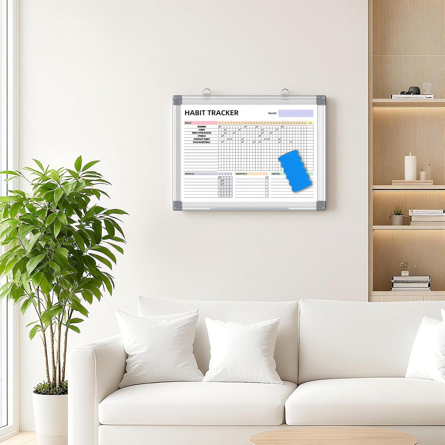 Habit Tracker Dry Erase Whiteboard with Silver Aluminium Frame for Wall 12" x 16"Hanging Removable Daily Weekly and Monthly Goal and Habit Tracker Motivational Goal & Planner Journal