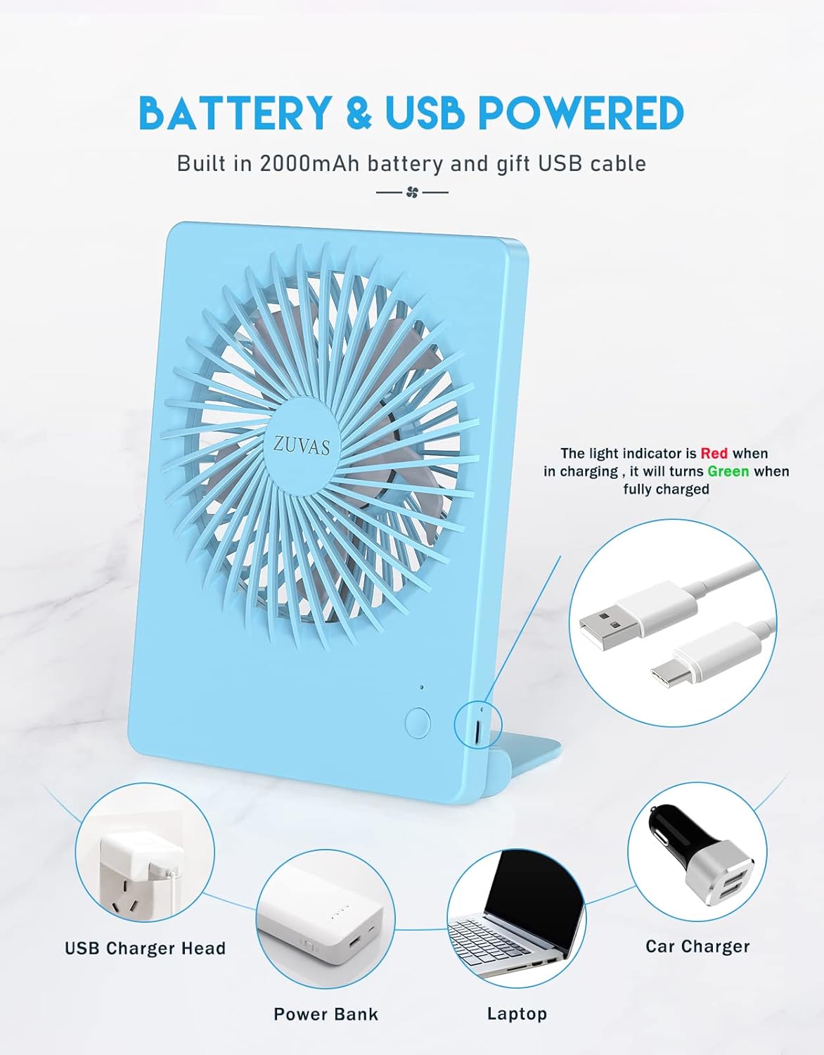 Zuvas Desk Fan Battery Operated Fan Rechargeable 180°Tilt Folding Personal Fan Ultra Quiet Small Portable 3 Speed Adjustable Strong Wind Fan For Office Bedroom Home Desktop Camping (White)