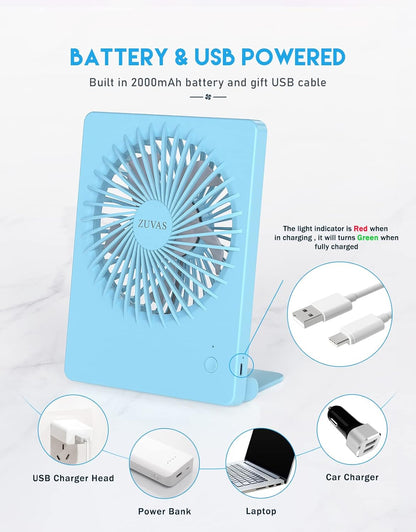 Zuvas Desk Fan Battery Operated Fan Rechargeable 180°Tilt Folding Personal Fan Ultra Quiet Small Portable 3 Speed Adjustable Strong Wind Fan For Office Bedroom Home Desktop Camping (White)