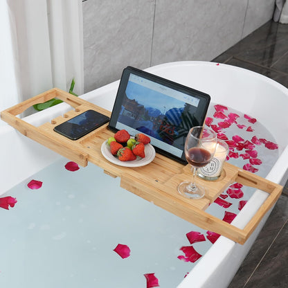 Utoplike Bamboo Bathtub Caddy Tray for Tub, Expandable Bath Table Trays