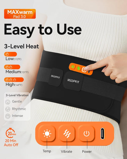IKEEPFIT Portable Heating Pad for Back, FSA Eligible HSA, Cordless Heat Belt with Massager for Lower Back Pain Relief, Battery Powered 8000 mAh Rechargeable, MAXwarm 3.0, Gift for Women Men 90-310 lb