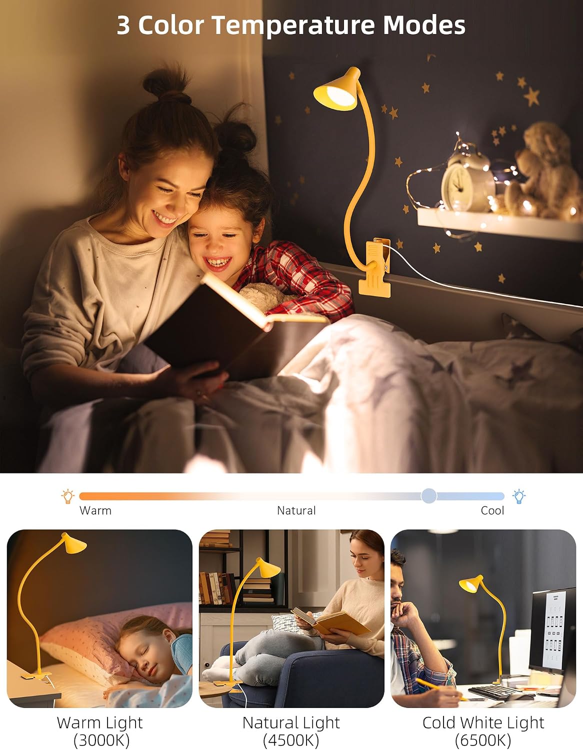 LiFMIRA Clip on Light USB Reading Light Desk Lamp 3 Color Modes Black