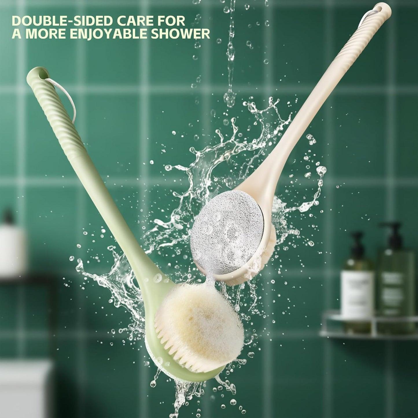 Back Scrubber for Shower, 15.7" Loofah with Handle, Back Shower Brush with Bristles and Loofah, Dry Brushing Body Brush for Cleanse Back and Hard to Reach Areas with Curved Long Handle