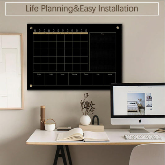 Black Glass 3-1 Monthly Dry Erase Calendar Whiteboard for Wall,24"x 36",Frameless Mounting,Office/School/Home, Frameless Large Planner White Board