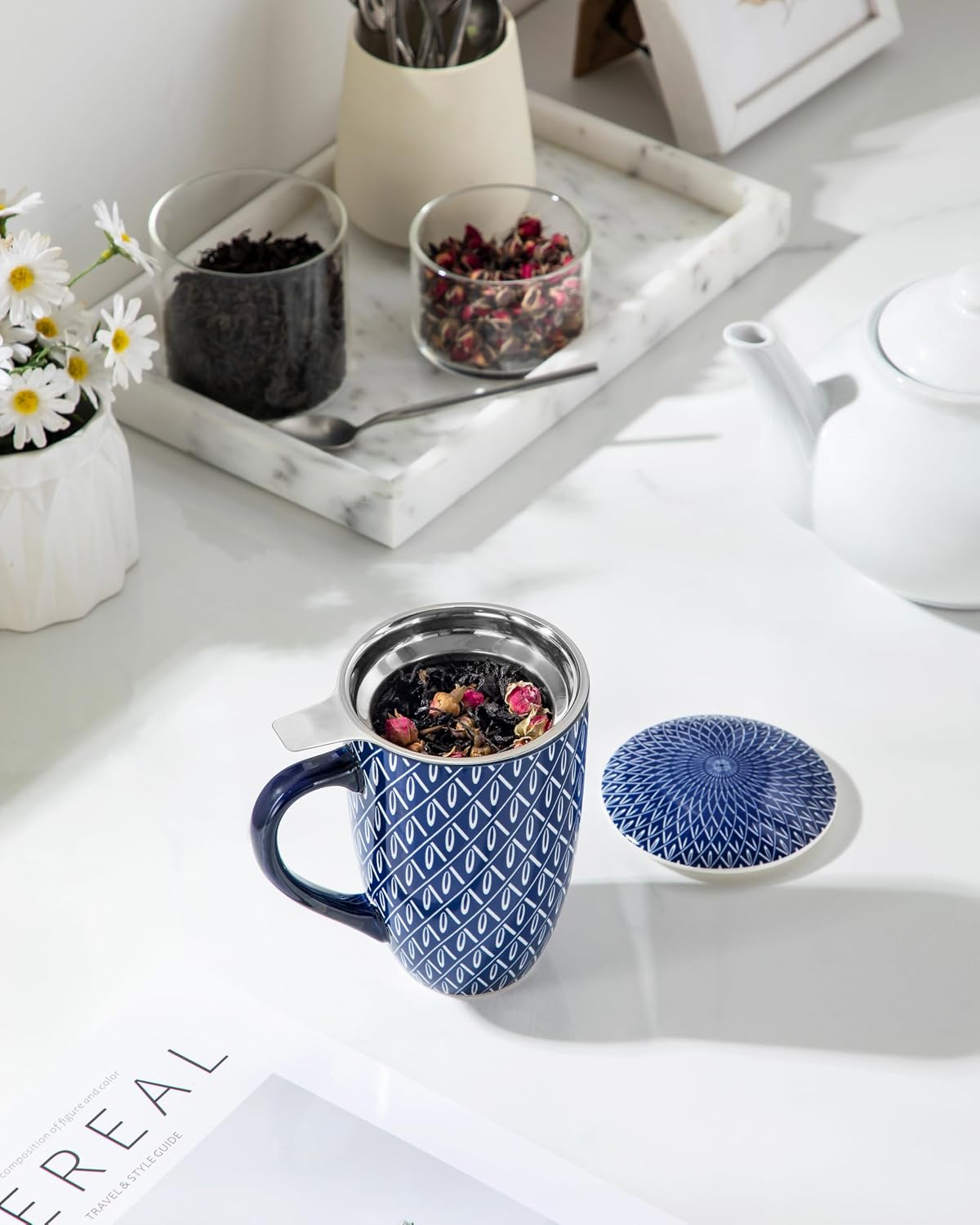 vancasso SELENE Porcelain Tea Mug, 18 oz Porcelain Tea Cup with Infuser and Lid Steeps Loose Leaf Tea, Microwave & Dishwasher Safe, Blossom Cluster