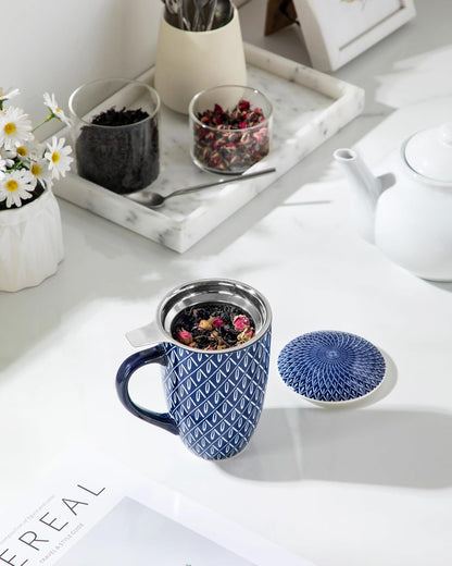 vancasso SELENE Porcelain Tea Mug, 18 oz Porcelain Tea Cup with Infuser and Lid Steeps Loose Leaf Tea, Microwave & Dishwasher Safe, Blossom Cluster