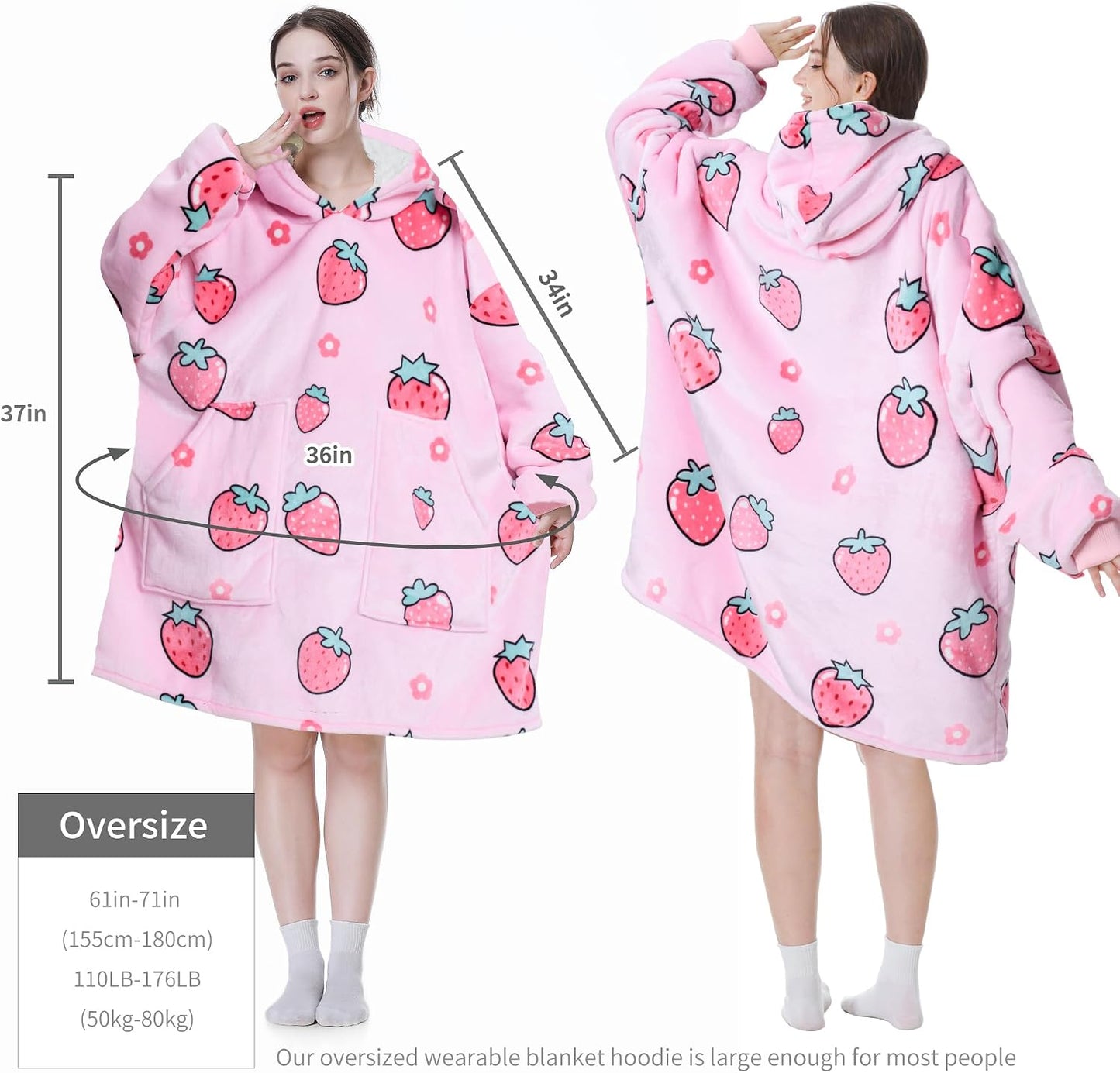 Aemicion Strawberry Blanket Hoodie,Oversized Sherpa Wearable Hooded Blanket,Warm Cozy Sweatshirt Gifts for Women Girls Adult