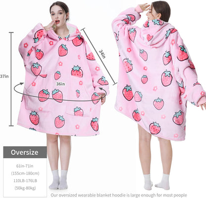 Aemicion Strawberry Blanket Hoodie,Oversized Sherpa Wearable Hooded Blanket,Warm Cozy Sweatshirt Gifts for Women Girls Adult